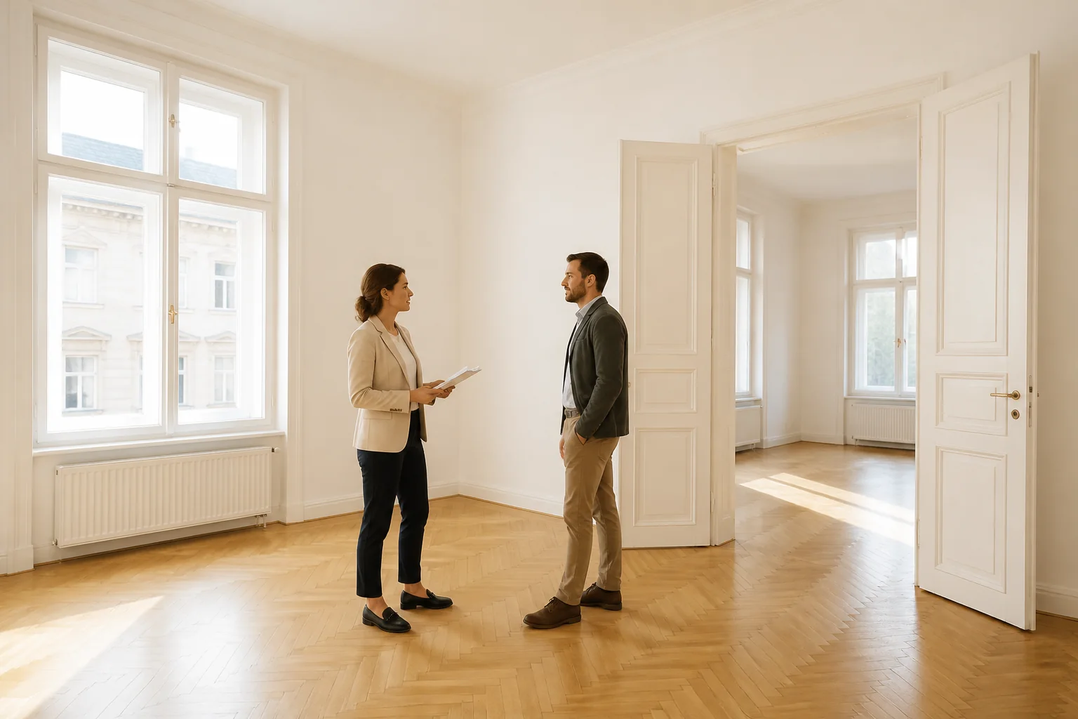 Zwei Erwachsene besprechen Unterlagen in einer Wiener Wohnung